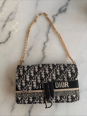 Dior Black and Ivory Oblique Monogram Shoulder Bag with Gold Chain